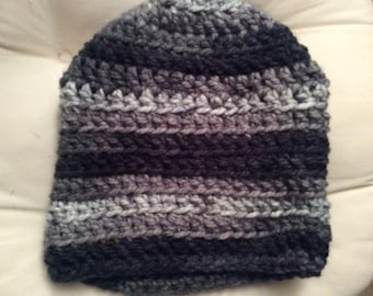 Hand crocheted grey striped slouch beanie
