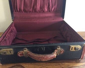 Vintage Black and Brown Suitcase with Burgundy Lining
