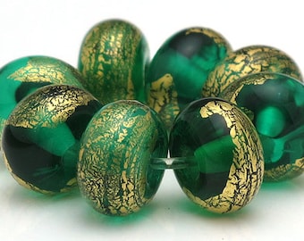 Handmade Lampwork Spacer Beads Emerald Green and Gold Leaf SRA