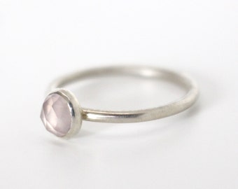 Rose quartz rose cut cabochon and sterling silver stackable ring