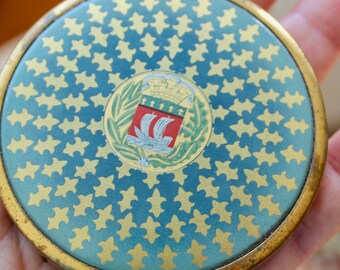 Vintage Compact Coty Airspun Pressed Powder Goldtone Blue Boat Ship Fleur de Lis
