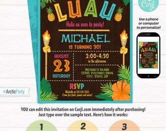 Luau Party Invitations - Luau Birthday Invitations - Adult Luau Invitation - Luau Invitation - Hawaiian Invitation - Edit NOW using Corjl