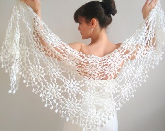 White shawl, wedding wrap, crochet lace shawl, evening shawl, white wrap, bridal cover up, wool shawl, winter wedding, fast shipping