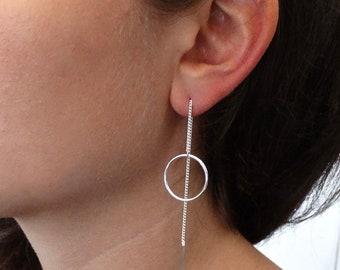 Silver Threader Earring, Silver Chain Earrings, Open Circle Threader, Minimal Silver Threaders, Pull Through Earrings, Sterling Silver 925