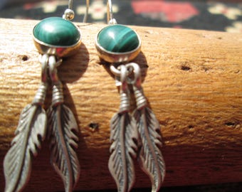Native American Malachite and Sterling Dangle Earrings