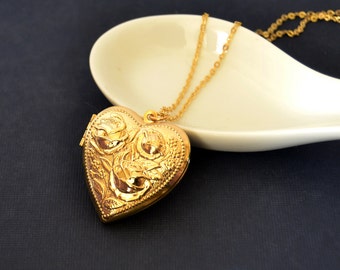 Gold Heart Locket with Removable Photo Frame, Roses Vintage Style Locket Necklace, Keepsake Locket for Pi