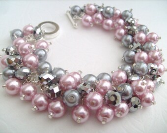 Pink and Silver Bracelet, Pearl Bracelet, Bridesmaids Bracelet, Beaded Bracelet, Cluster Bracelet, Pearl Bracelet - Designs by Kim Smith