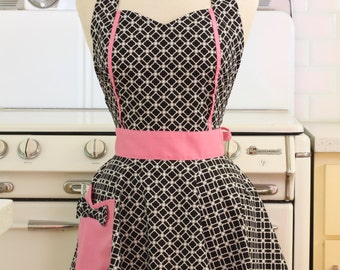 Retro Apron Black and White Deco Tiles with Pink MAGGIE