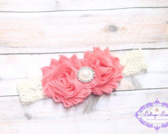 Coral baby headband, coral headband, newborn headband, infant headband, shabby flower headband, toddler headband, coral ivory headband