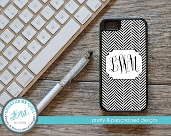 Black & White Herringbone Personalized Phone Case (Tough)