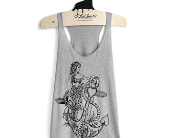 Medium -Tri-Blend Light Gray Racerback Tank with Mermaid Anchor Screen Print