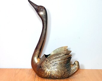 14" BRASS SWAN PLANTER Vintage Brass Planter Mid Century Plant Pot Patio Decor Large Brass Swan Shabby Cottage Farmhouse