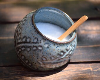 stoneware salt pig / salt cellar with small spoon
