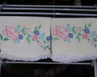 Vintage Embroidered Floral Pillowcases Pair