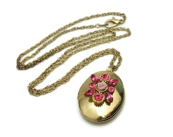 Vintage Gold Tone Pink Rhinestone Locket Pendant Necklace - Porcelain Rose Floral Oval Locket - Long 24 inch Chain