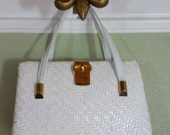 Woven Wicker Top handle Handbag by Koret, White, boxy