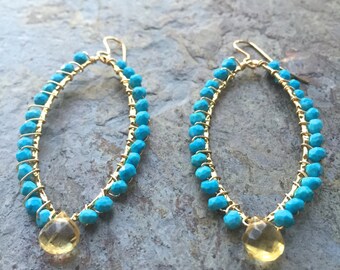 Turquoise gemstone and citrine gold hoop statement earrings