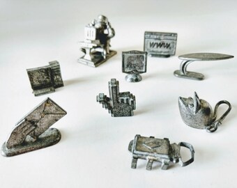 Monopoly Game Pieces, Nine Computer tokens, from the Dot Com Monopoly Game, Mouse Email charms, Guy pewter token, Web World Metal Figurines