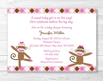 Pink Sock Monkey Baby Shower Invitation / Sock Monkey Baby Shower Invite / Argyle Pattern / Pink & Brown / PRINTABLE A331