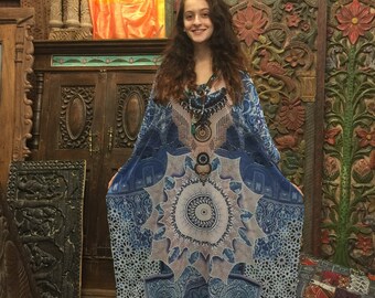 Boho Fashion Printed CAFTAN Stylish Kimono Blue Georgette Comfy Beach Cover Up Kaftan Maxi Dress One Size