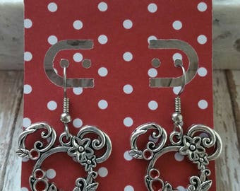Beautiful Mickey/Minnie Mouse Ear Earrings - Floral Antique Silver Color - Great Gift Idea - Low Flat Rate Shipping for US Orders