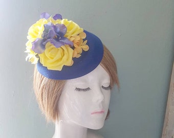 Navy Blue and Yellow Rose Hydrangea Floral PillBox Hat Fascinator Hair Peice
