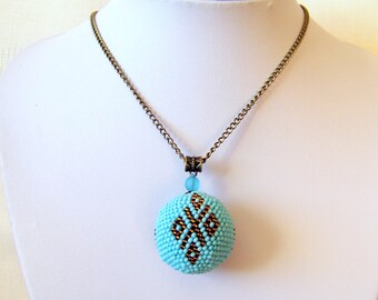 Geometric Blue Ball Pendant - Globe Pendant - Bead crochet pendant - Modern Pendant Necklace - Ornament pendant - sky blue, brown necklace
