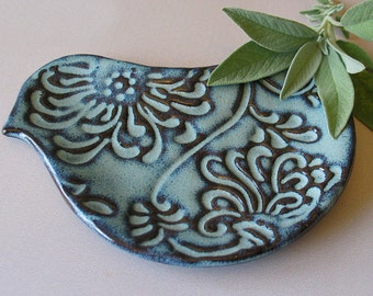 Pottery Bird Plate - Bird Shaped Spoon Rest - Ceramic - Blue Bird - Soap Dish - Trinket Dish - IN STOCK - Gift for Mom - handmade pottery