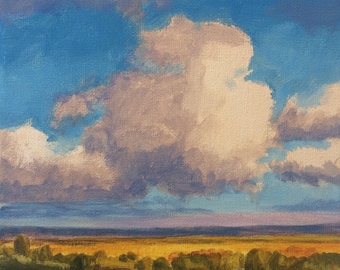 Summer Road - Original Landscape Painting on canvas 8x8 Clouds Blue Sky
