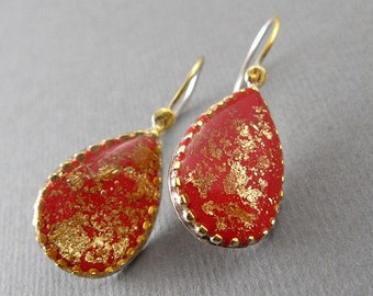 Red teardrop earrings, Red dangle earrings, Red drop earrings, Big red earrings, Red and gold earrings