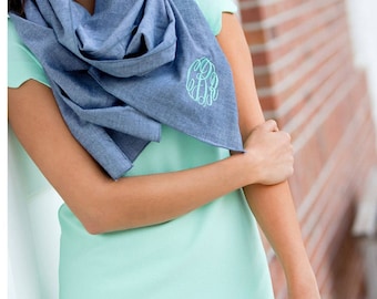 Scarves, Monogram Scarf, Chambray Scarf, Monogrammed Scarf, Bridesmaid gift, Monogrammed gifts, Christmas gifts