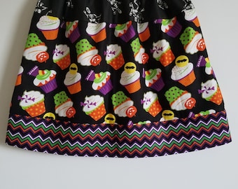 Girls size 6 Halloween Skirt Girls Skirt Three Fabric Skirt Halloween Cupcakes Skeletons Chevron Fall Skirt Halloween Clothes OOAK Skirt