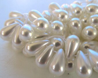 Czech Glass Teardrop Beads 10 x 6mm Pearl Snow White - 50 Pieces