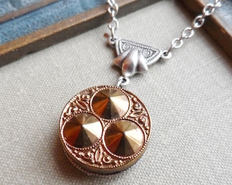 Metallic Gold, Dark Bronze Gold, Vintage German Glass Button, Necklace, Timeless Trinkets