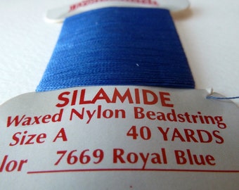 Blue Silamide Waxed Nylon Bead String, Size A, 40 yd card, two ply twisted nylon thread