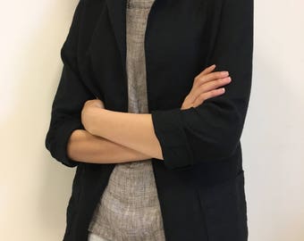 Loose black jacket with pockets from Lithuanian linen, classic long jacket for women, black linen blazer, short black linen coat