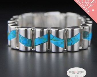Vintage Mexican Sterling Silver Turquoise Bracelet, Sterling Silver, Turquoise Inlay, Barrel Style, Mexican Jewellery, Gomez, Taxco Bracelet
