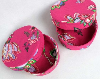 Jewelry box round fabric - pink with flowers