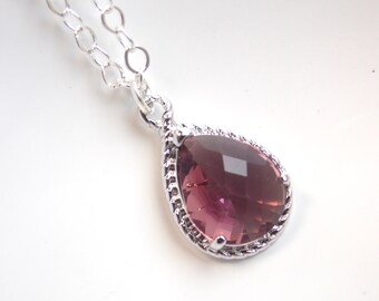 Plum Necklace, Glass Necklace, Plum Jewelry, Eggplant, Sterling Silver, Weddings, Bridesmaid Necklace, Bridal Necklace, Bridesmaid Gifts