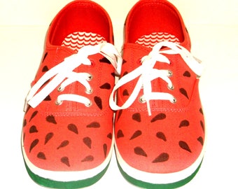 Hand Painted Watermelon Shoes, Lace Up Sneakers, Women Canvas Shoes, Christmas Gifts for Girlfriend, Stocking Stuffer for Women, Teen Girls