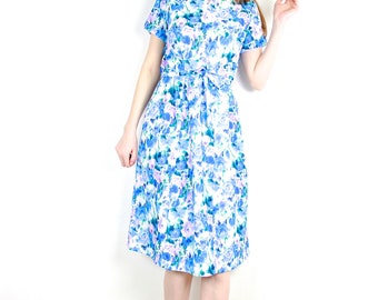 French Vintage 1960s Blue Floral Print Dress / Pastel Watercolor Fitted Belted Midi Dress Textured Short Sleeve Summer Dress / Size Small