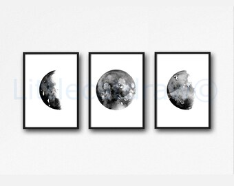 Celestial Moon Phase Art Prints Set of 3 Wall Decor Home Decor Watercolor Painting Print Wall Art Phase Luna Print Moon Phases Bedroom Decor