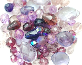 Destash Glass Beads, Sale Beads, Mixed Lot, Destash Bead Mix, Assorted Lot, violet, purple, lavender, lilac, plum, shimmer, luster, 100pc.