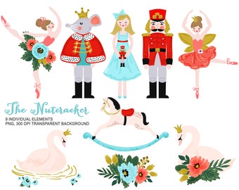 Nutcracker Clip Art - Personal and Commercial use, Nutcracker Clipart, Vintage Toy Christmas Ballet Watercolor Clipart, Swan Graphic