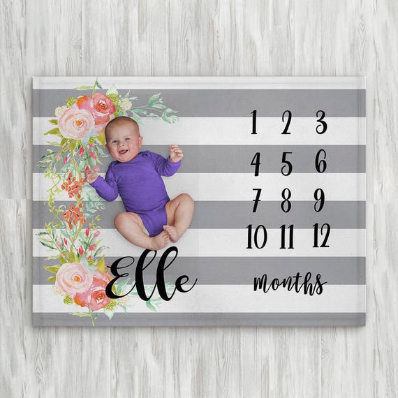Baby Month Milestone Blanket Striped Grey Floral