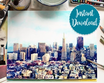 SAN FRANCISCO #1 Digital Download Watercolor Landscape San Francisco California Skyline Oil Painting Canvas Art Print Painting Home Decor