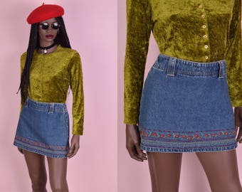 90s Floral Embroidered Denim Skort/ US 5-6/ 1990s