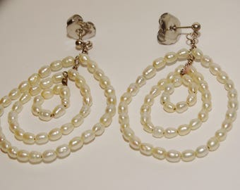 Sterling Silver Tripple Freshwater Pearl Dangling Hoop Earrings.