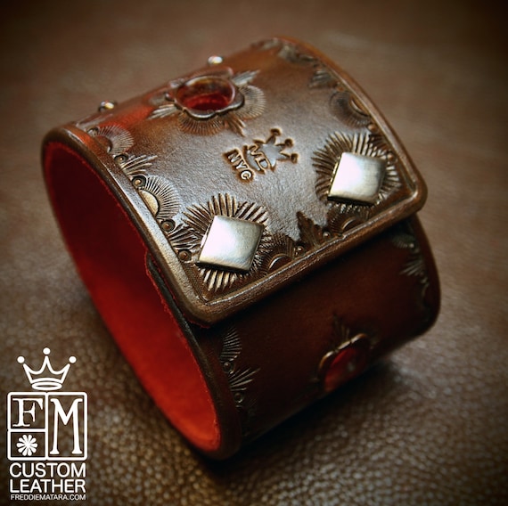 Leather cuff Bracelet Hand Tooled Walnut brown with Red suede lining Made for YOU in New York by Freddie Matara!