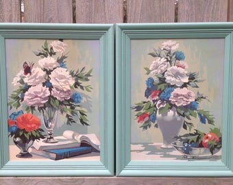 Paint By Number Floral Still Life Pair of Vintage Framed Paintings